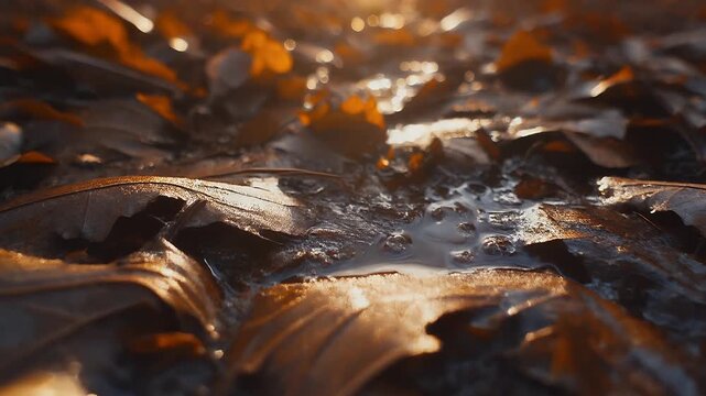 Camera Gliding Just Above Damp Leaf Litter, Streaks of Amber Sunlight Flickering Between Shadows