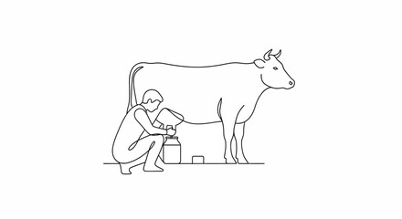 Fototapeta premium Farmer Milking Cow by Hand into Bucket, Traditional Dairy Farming, Rural Life