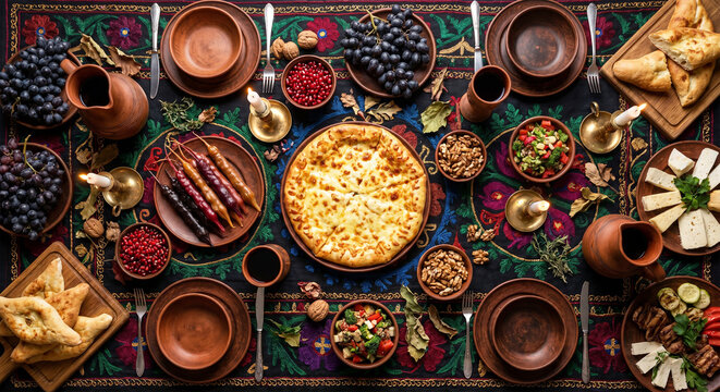 Traditional Georgian Supra Feast Table Flat Lay with Khachapuri and Churchkhela, Authentic Caucasian Cuisine
