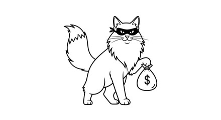 Fototapeta premium Thieving Cat Bandit with Money Bag, Cartoon Vector Illustration
