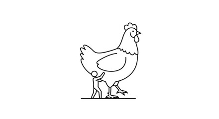 Fototapeta premium Tiny Person Hugging Giant Chicken Line Art Illustration