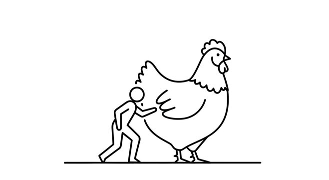 Tiny Person Pushing Giant Chicken Illustration