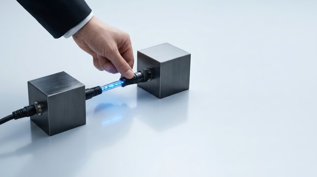 Corporate hand connecting glowing blue fiber optic cable between dark metallic blocks on light surface with empty copy space for data transfer technology header