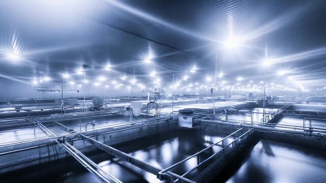 Water filtering facility managing industrial effluents with multiple indoor pools and pipes, ensuring clean water and environmental safety through advanced treatment processes efficiently