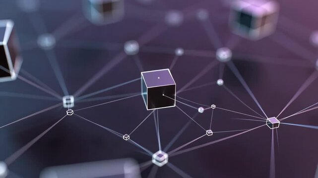Cubic nodes linked by lines in a sleek abstract style on a dark background, representing a modern digital network concept