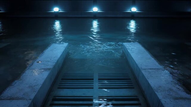 Water slowly flowing and bubbling through a large metal grate set into a concrete structure, captured at night with reflections of light on the dark surface