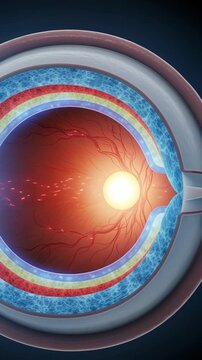 Anatomy of the Human Eye: A cross-section of the human eye reveals the intricate layers and internal structures, including the retina and optic nerve, depicted in vibrant detail.