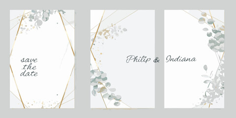 watercolor and gold foil triptych with eucalyptus leaves and calligraphy script © RanjanKumar