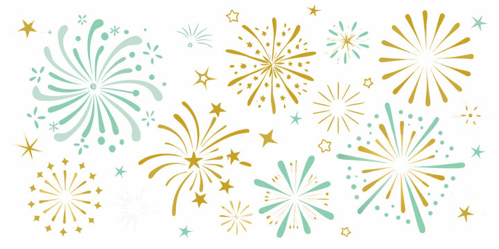 watercolor fireworks pattern in teal and gold with scattered stars on white background