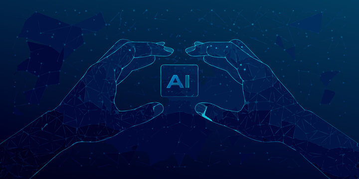 Wireframe hands holding a cube with ai text digital network background
