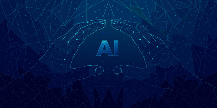 Wireframe hands forming a protective shape around the letters ai digital illustration