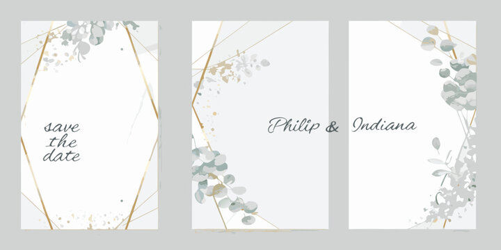 watercolor and gold foil triptych with eucalyptus leaves and calligraphy script