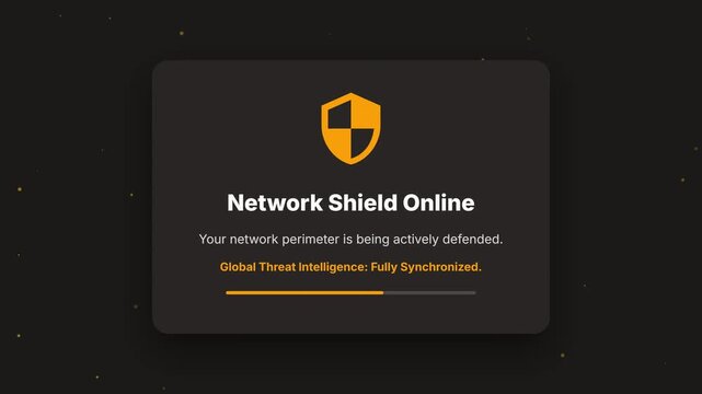 Network shield online status widget, cybersecurity threat intelligence dashboard, orange UI notification panel for network perimeter defense, web security interface.