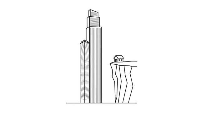 Tiny house on cliff edge next to giant skyscraper, contrast of scale and living space
