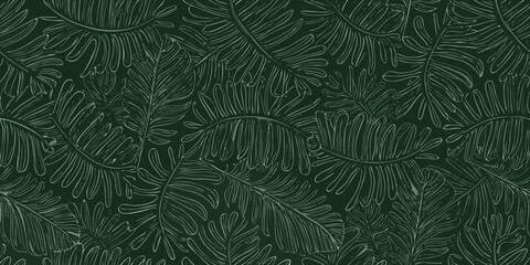 seamless pattern of tropical monstera leaves delicate line drawing on dark green background © RanjanKumar