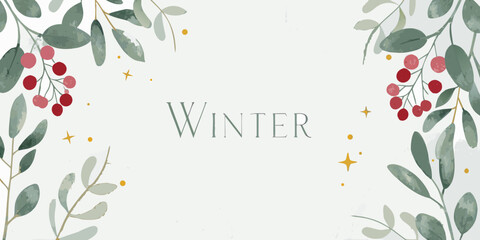 watercolor winter floral arrangement with berries and leaves on pale blue background © RanjanKumar