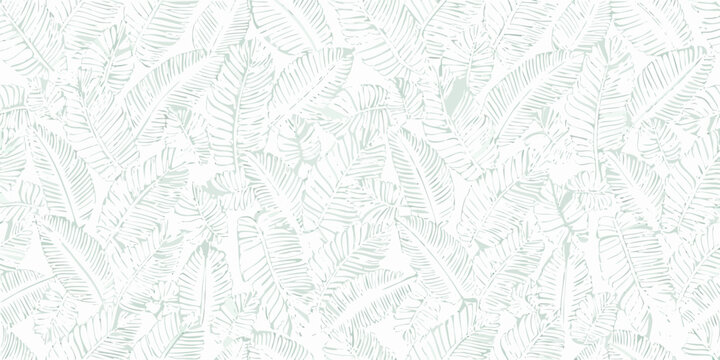 Seamless repeating pattern of hand drawn mint green tropical banana leaves on a white background