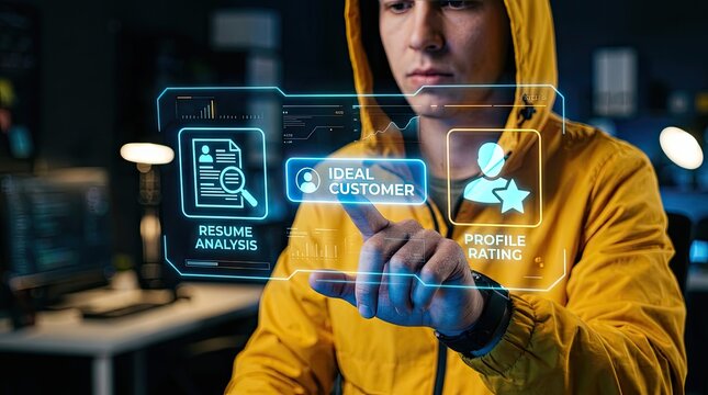 Focused software developer interacting with a glowing digital interface to analyze customer profiles and resume data in a dark room