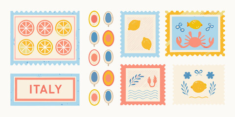 collection of vintage inspired postage stamps with citrus fruit and italian themes © RanjanKumar