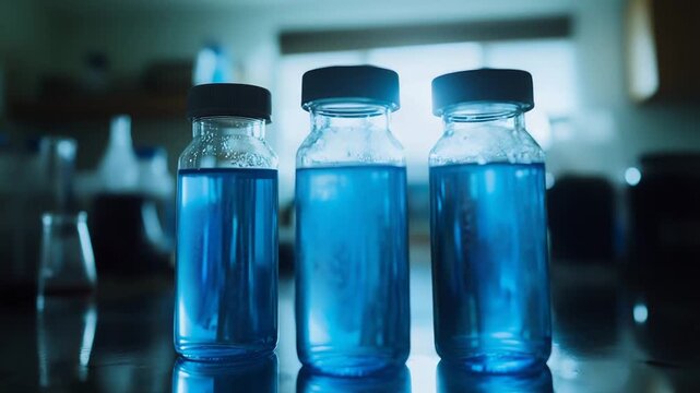 Three glass vials containing a blue liquid are standing on a reflective surface in a dimly lit laboratory, representing ongoing scientific experimentation and pharmaceutical development