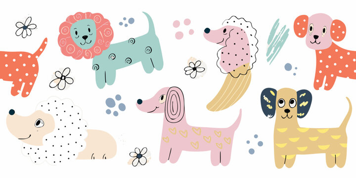 hand drawn dog breeds collection colorful illustration with floral elements on white background