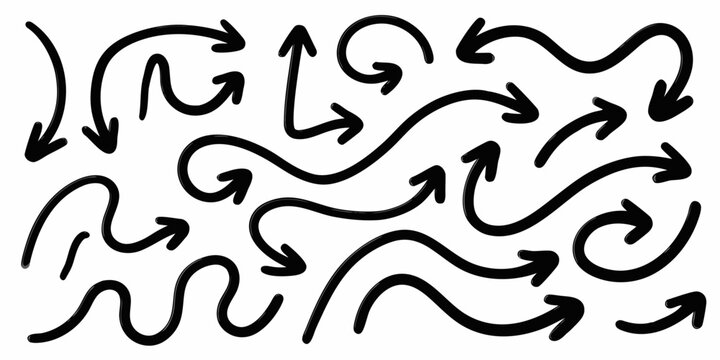 collection of hand drawn black curved arrows on a white background