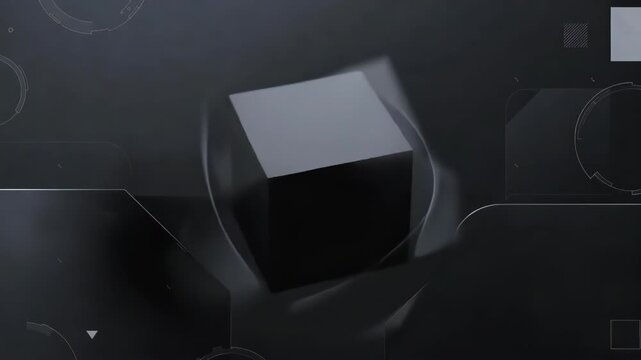 Black cube centered on dark abstract backdrop in minimal style reflecting modern technology visual concept