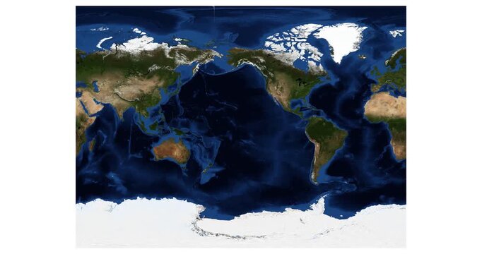 World Map in Miller Cylindrical Projection. Animated longitude shift rotation. High-detail physical Earth map. June View. Elements of this video furnished by NASA.