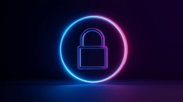 Mel neon padlock inside double circle with inner thin lighting effect