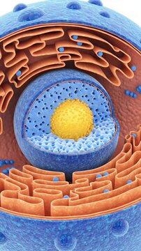 Eukaryotic Cell Structure: A detailed, 3D illustration of a eukaryotic cell, showcasing its intricate internal components including the nucleus, nucleolus, and endoplasmic reticulum.