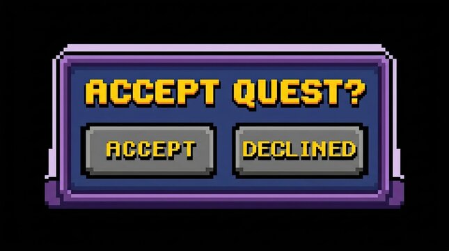 Pixel art style interface window showing a game quest prompt with buttons for the player to accept or decline now