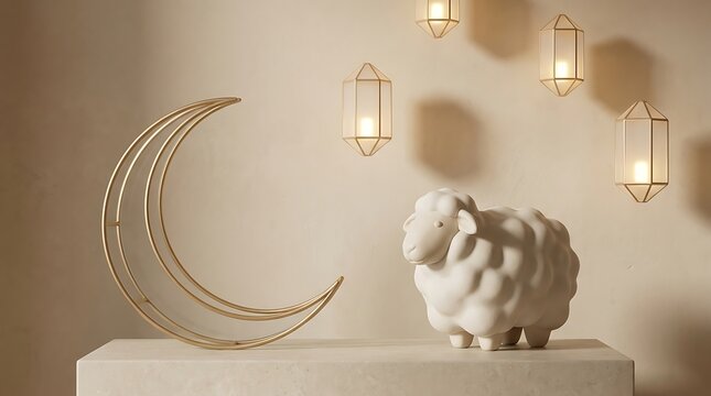 Sheep sculpture sits beside a golden crescent moon decoration while lanterns hang in the background.