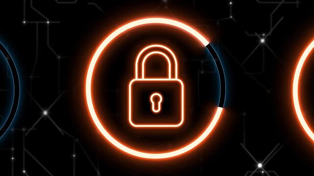 Mel sequence of neon lock loading indicators with empty designs on black background