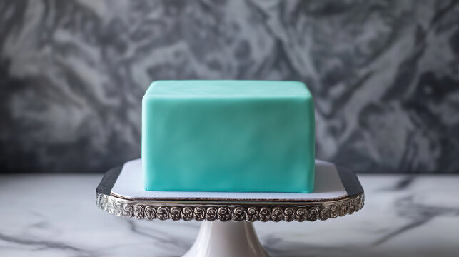 A teal colored cake on a decorative white cake stand with silver trim on a marble countertop