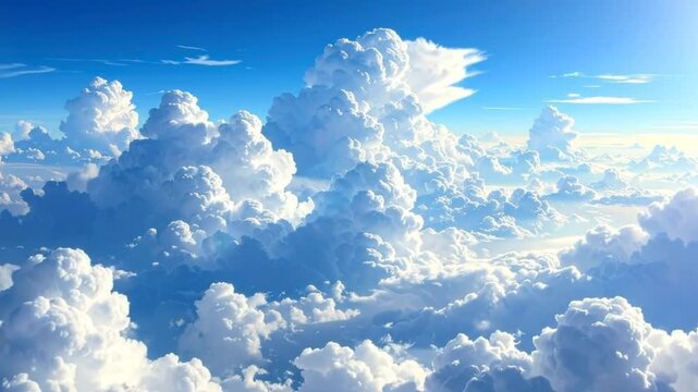 Beautiful fluffy white clouds in a bright blue sky on a sunny day