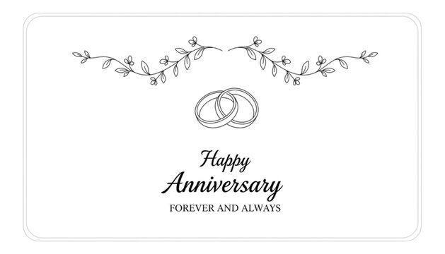 Minimalist Happy Anniversary Greeting Card Design With Wedding Rings And Floral Illustration For Romantic Celebration Invitations