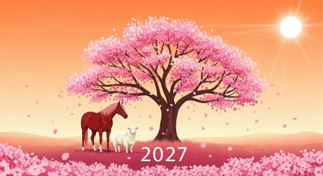 A horse and foal under a pink tree illustration