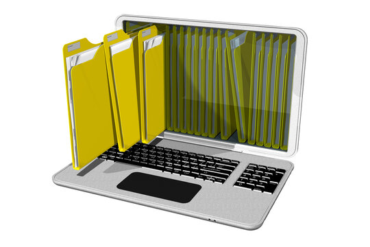 PNG. Trasparente. Computer con cartelle, raccoglitori, gialle per l'archiviazione di documenti. Database.