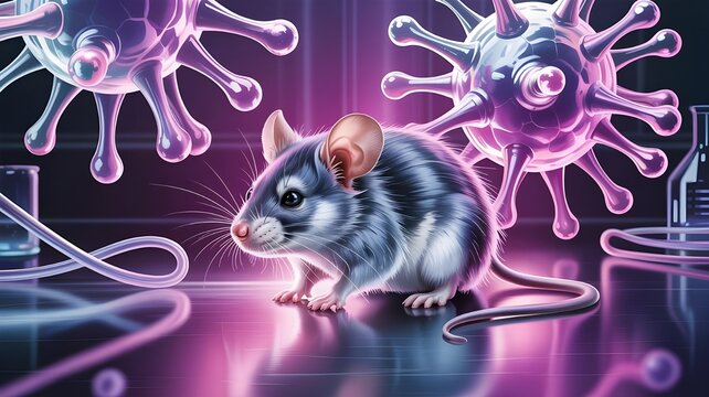 Small gray and white mouse sitting on a reflective table next to large microscopic hantavirus cells