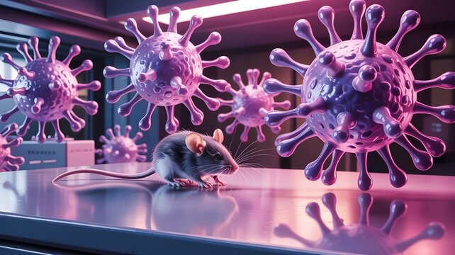 Cinematic science fiction scene featuring a lab mouse inspecting floating hantavirus bacteria shapes
