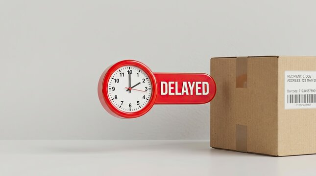 Bright red clock attached to a brown cardboard shipping box indicating that the delivery is currently delayed for the recipient