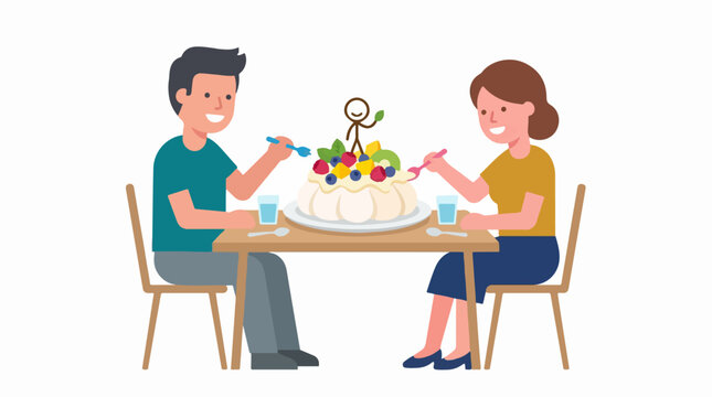 Happy couple sharing delicious fruit cake at table