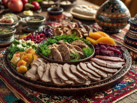 Traditional Kazakh Zhal Sliced Horse Neck Delicacy Served on Festive Dastarkhan