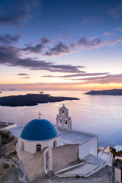 Three Bells of Fira at sunset, Fira, Santorini, Greece