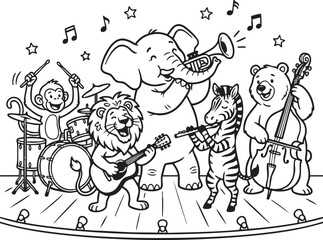 Obraz premium Animals Playing Musical Instruments in a Concert Scene with Joyful Expressions, Generative AI
