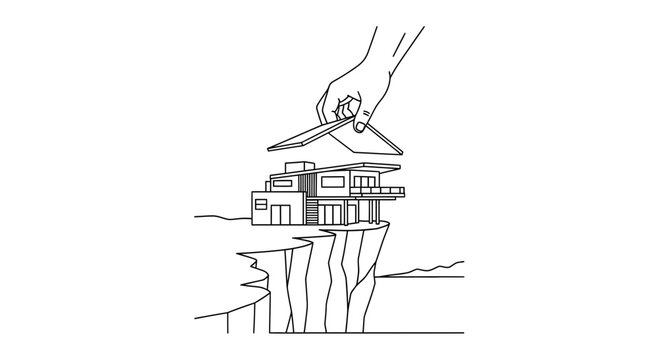Hand placing roof on precarious cliffside house, symbolizing risk and unstable housing
