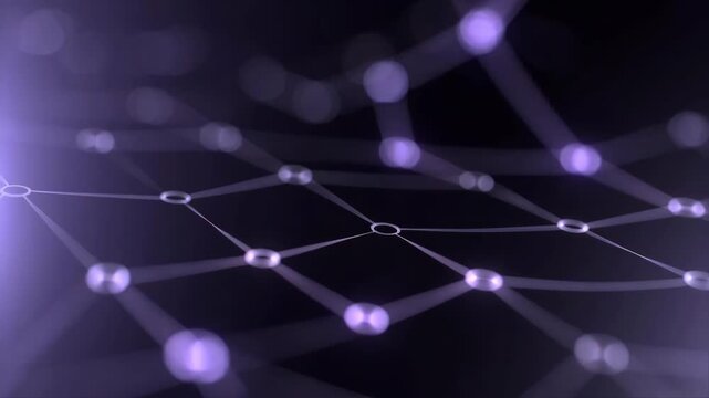 Glowing network nodes linked by soft purple lines in abstract style on dark background, concept of digital connectivity and communication