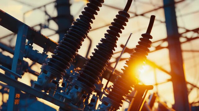 Industrial power station insulators and high voltage transmission lines carrying electricity across a substation, glowing against a vivid sunset sky and vital urban energy infrastructure