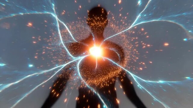 A silhouette with glowing energy core and dynamic light trails in abstract style on dark background, concept of inner power