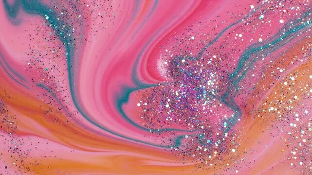 Abstract macro background of swirling soft pink peach and coral liquid paints blended with turquoise streaks and shimmering multicolored iridescent glitter particles.
